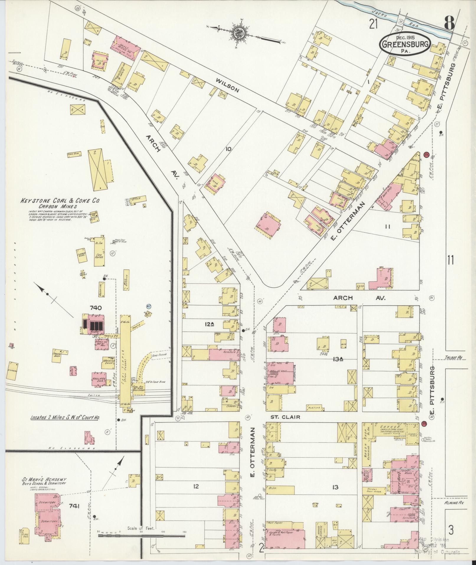 Sanborn Fire Insurance Map from Greensburg, Westmoreland County, Pennsylvania (1915), Sheet #0008 - Historic Sanborn Fire Insurance Map Print, vintage old map wall art, antique decor, genealogy gift, Pennsylvania Pennsylvania map