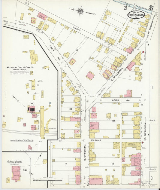 Sanborn Fire Insurance Map from Greensburg, Westmoreland County, Pennsylvania (1915), Sheet #0008 - Historic Sanborn Fire Insurance Map Print, vintage old map wall art, antique decor, genealogy gift, Pennsylvania Pennsylvania map