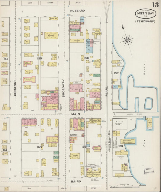 Sanborn Fire Insurance Map from Green Bay, Brown County, Wisconsin (1887), Sheet #0013 - Historic Sanborn Fire Insurance Map Print, vintage old map wall art, antique decor, genealogy gift, Wisconsin Wisconsin map