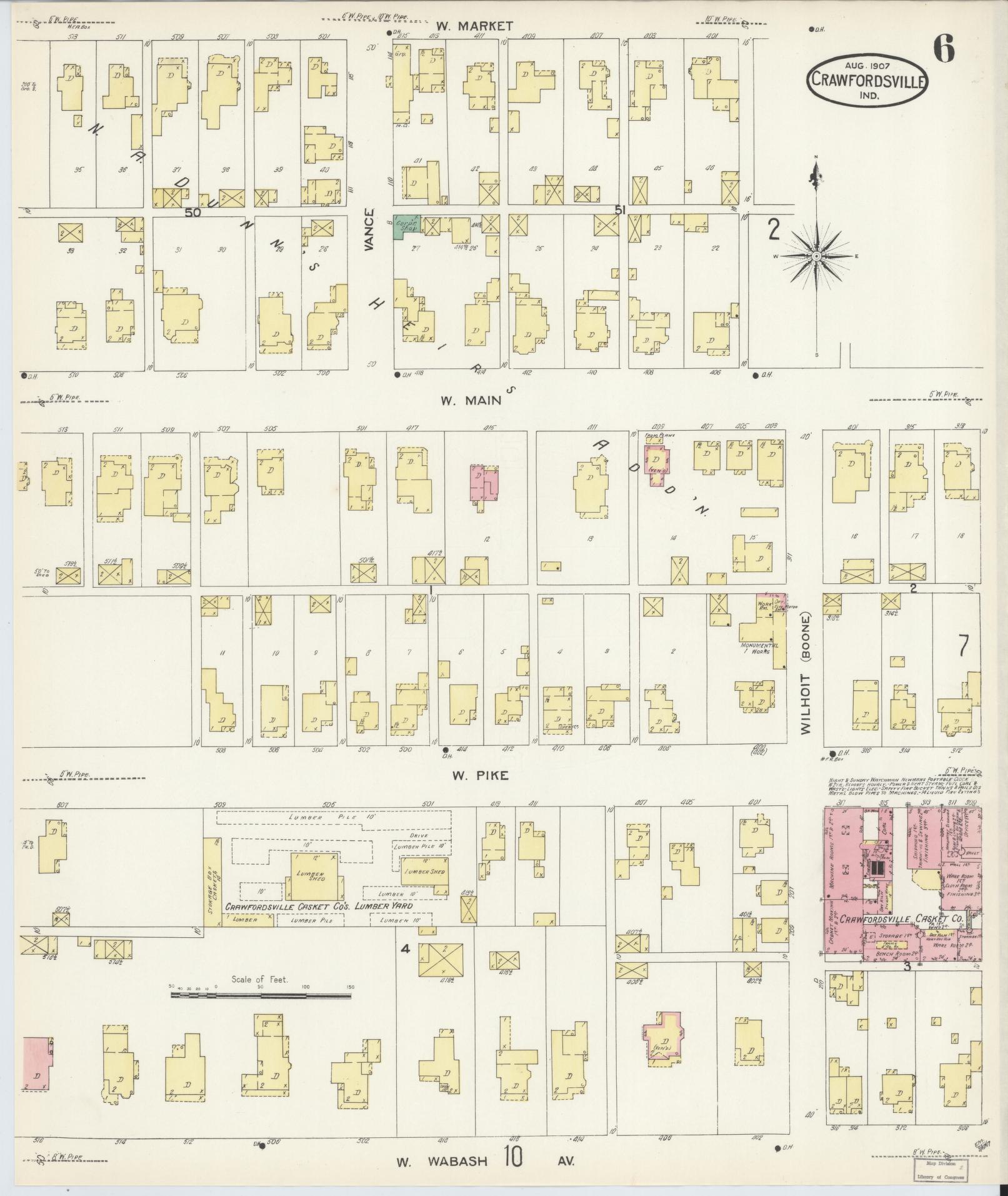 Sanborn Fire Insurance Map from Crawfordsville, Montgomery County, Indiana (1907), Sheet #0006 - Complete Map Set gallery image, historic Sanborn map, vintage wall art, Indiana Indiana