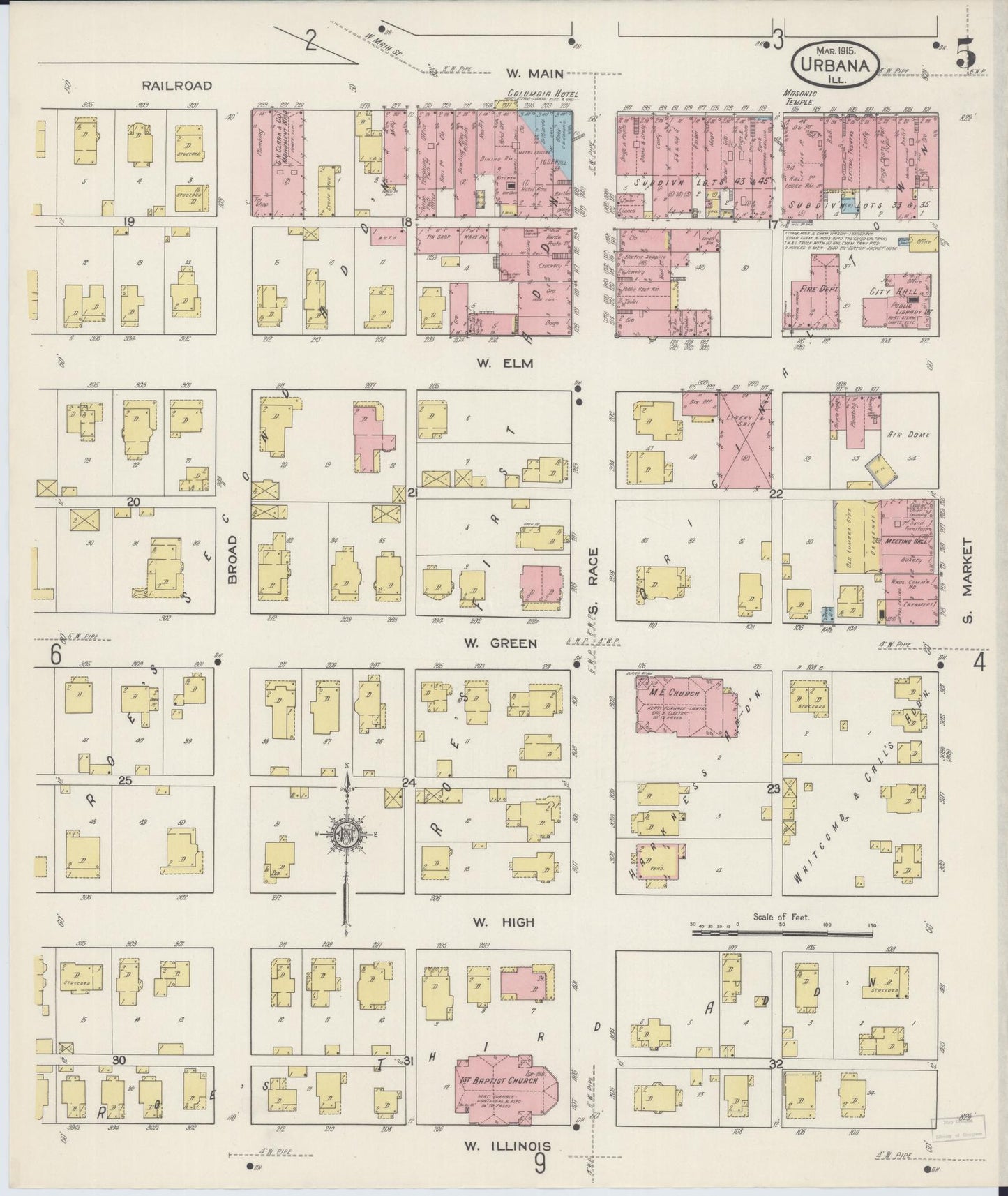 Sanborn Fire Insurance Map from Urbana, Champaign County, Illinois (1915), Sheet #0005 - Complete Map Set gallery image, historic Sanborn map, vintage wall art, Illinois Illinois