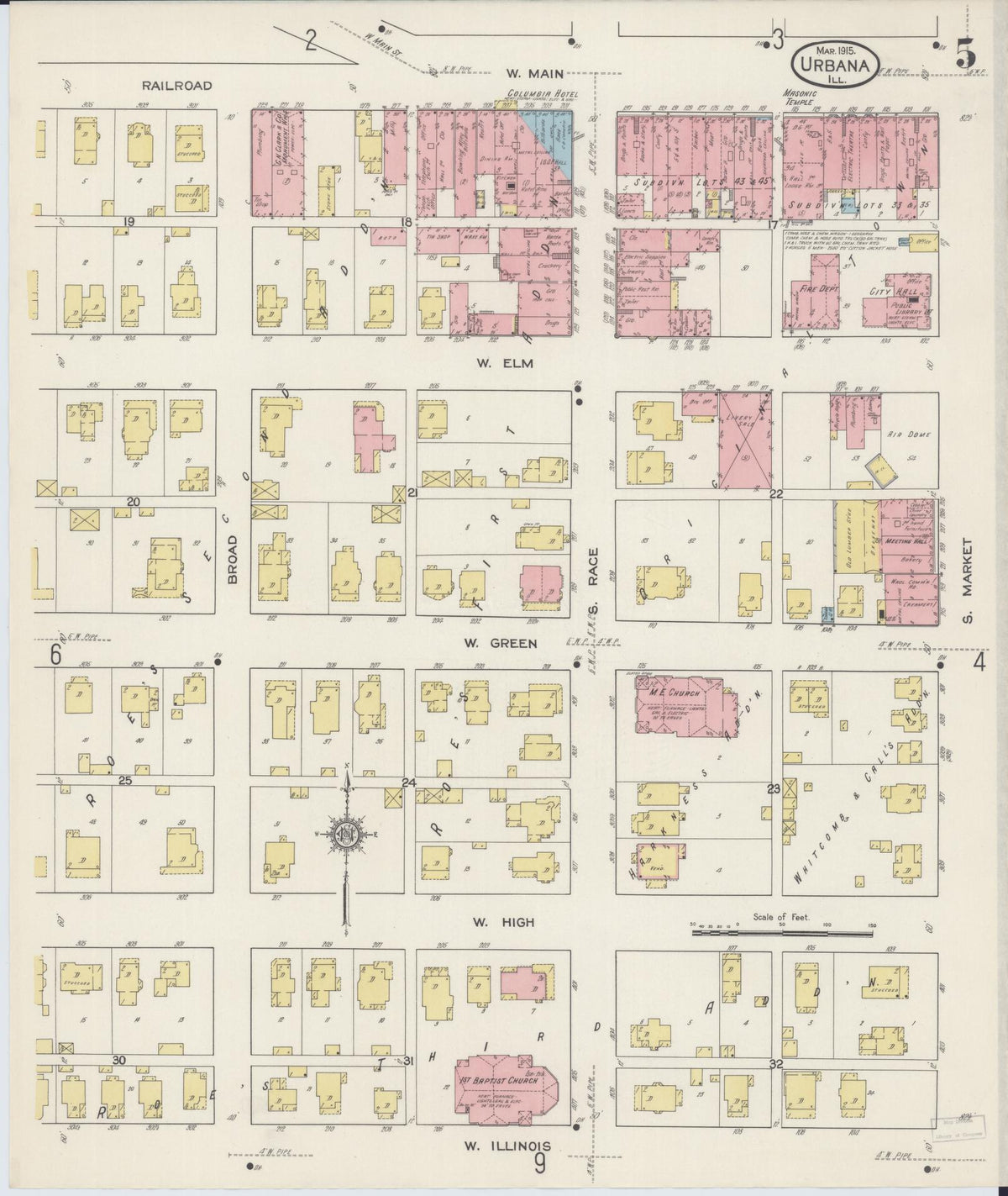 Sanborn Fire Insurance Map from Urbana, Champaign County, Illinois (1915), Sheet #0005 - Complete Map Set gallery image, historic Sanborn map, vintage wall art, Illinois Illinois