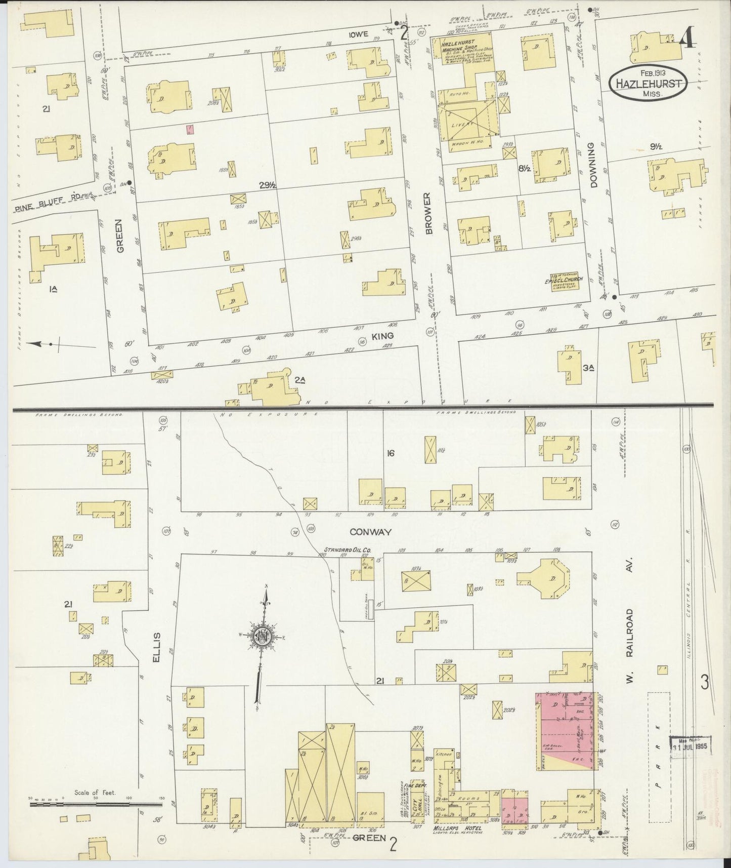 Sanborn Fire Insurance Map from Hazlehurst, Copiah County, Mississippi (1913), Sheet #0004 - Historic Sanborn Fire Insurance Map Print, vintage old map wall art, antique decor, genealogy gift, Mississippi Mississippi map