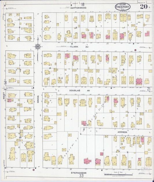 Sanborn Fire Insurance Map from Freeport, Stephenson County, Illinois (1918), Sheet #0020 - Historic Sanborn Fire Insurance Map Print, vintage old map wall art, antique decor, genealogy gift, Illinois Illinois map