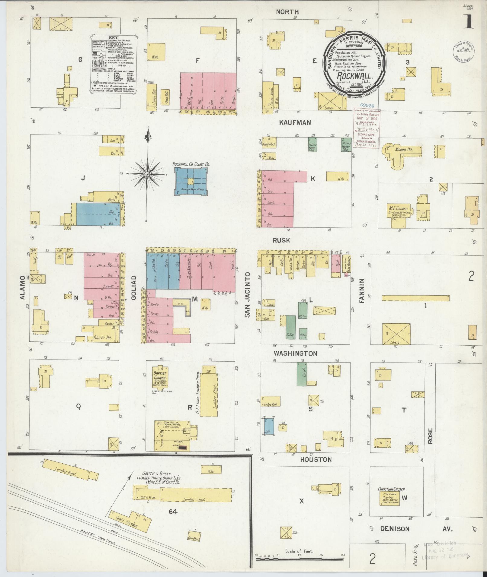 Sanborn Fire Insurance Map from Rockwall, Rockwall County, Texas (1900), Sheet #0001 - Historic Sanborn Fire Insurance Map Print, vintage old map wall art, antique decor, genealogy gift, Texas Texas map