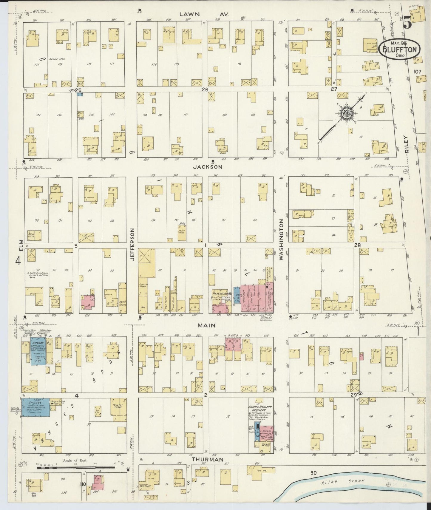 Sanborn Fire Insurance Map from Bluffton, Allen County, Ohio (1916), Sheet #0005 - Historic Sanborn Fire Insurance Map Print, vintage old map wall art, antique decor, genealogy gift, Ohio Ohio map