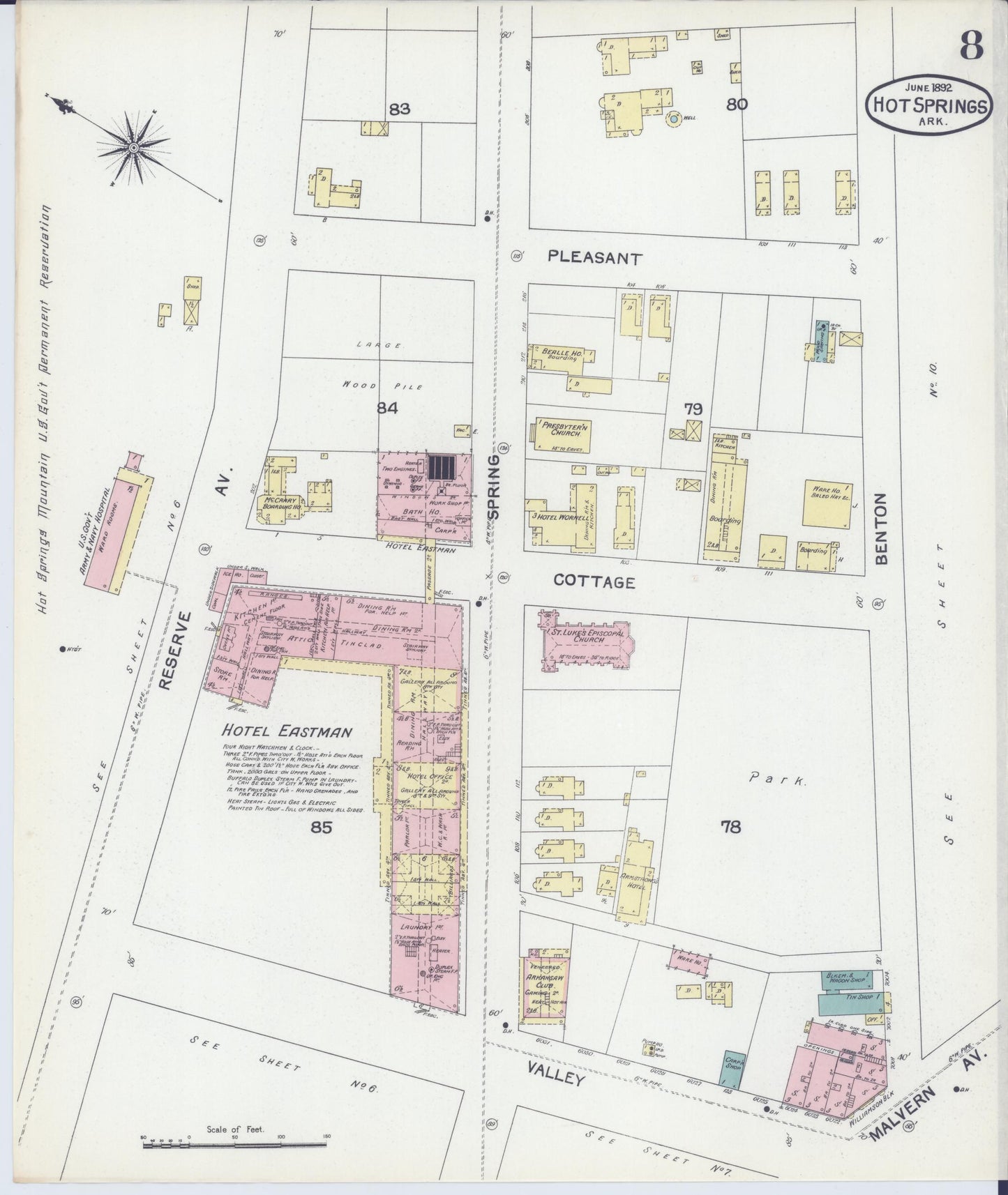 Sanborn Fire Insurance Map from Hot Springs, Garland County, Arkansas (1892), Sheet #0008 - Complete Map Set gallery image, historic Sanborn map, vintage wall art, Arkansas Arkansas