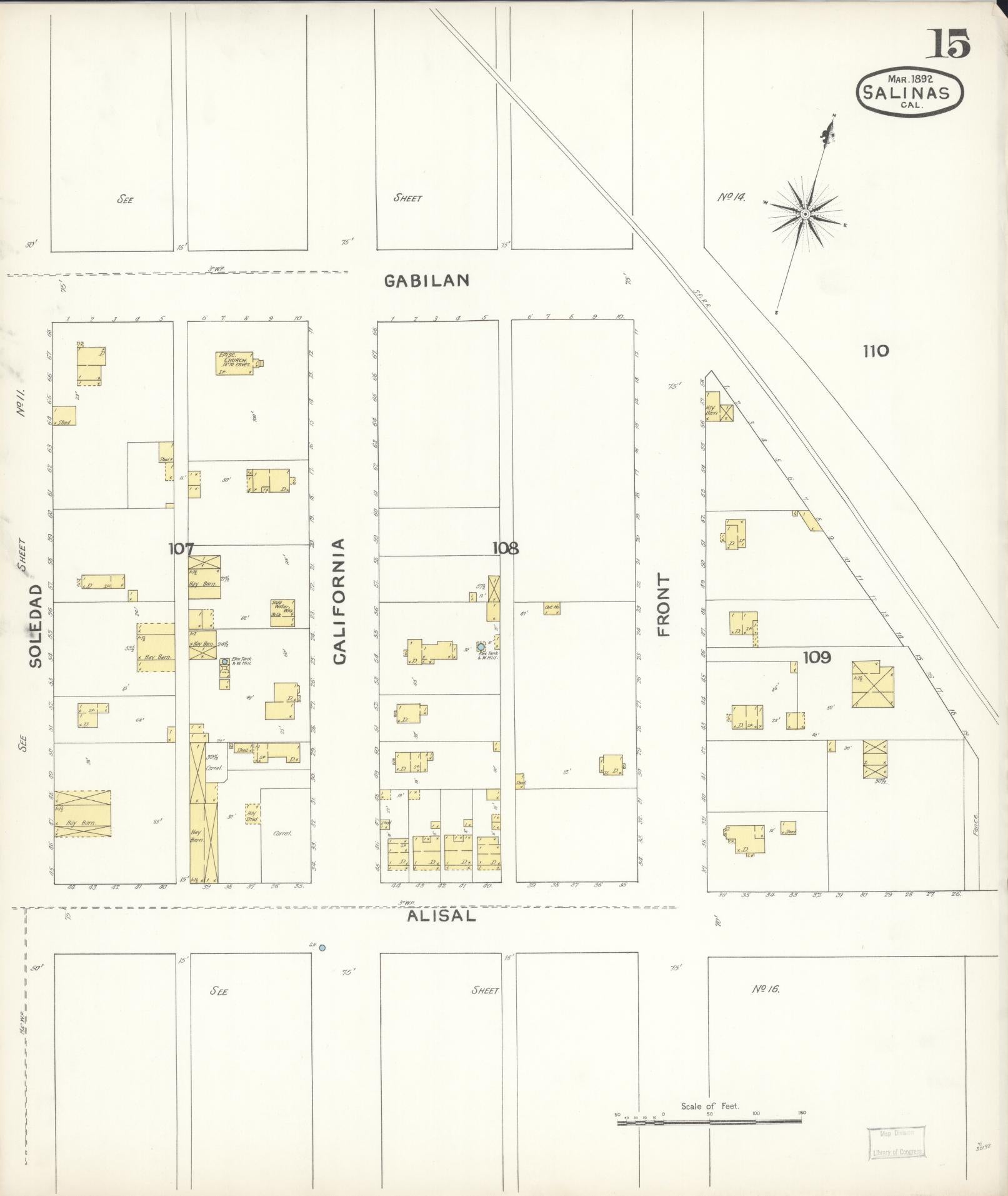 Sanborn Fire Insurance Map from Salinas, Monterey County, California (1892), Sheet #0015 - Complete Map Set gallery image, historic Sanborn map, vintage wall art, California California