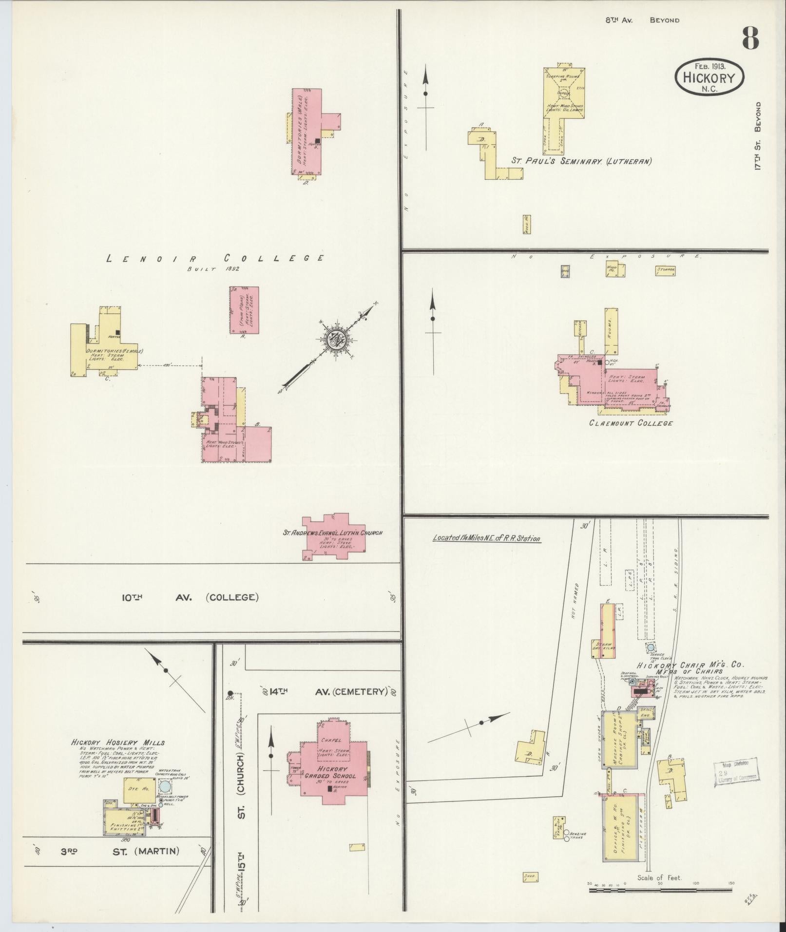 Sanborn Fire Insurance Map from Hickory, Catawba County, North Carolina (1913), Sheet #0008 - Complete Map Set gallery image, historic Sanborn map, vintage wall art, North Carolina North Carolina