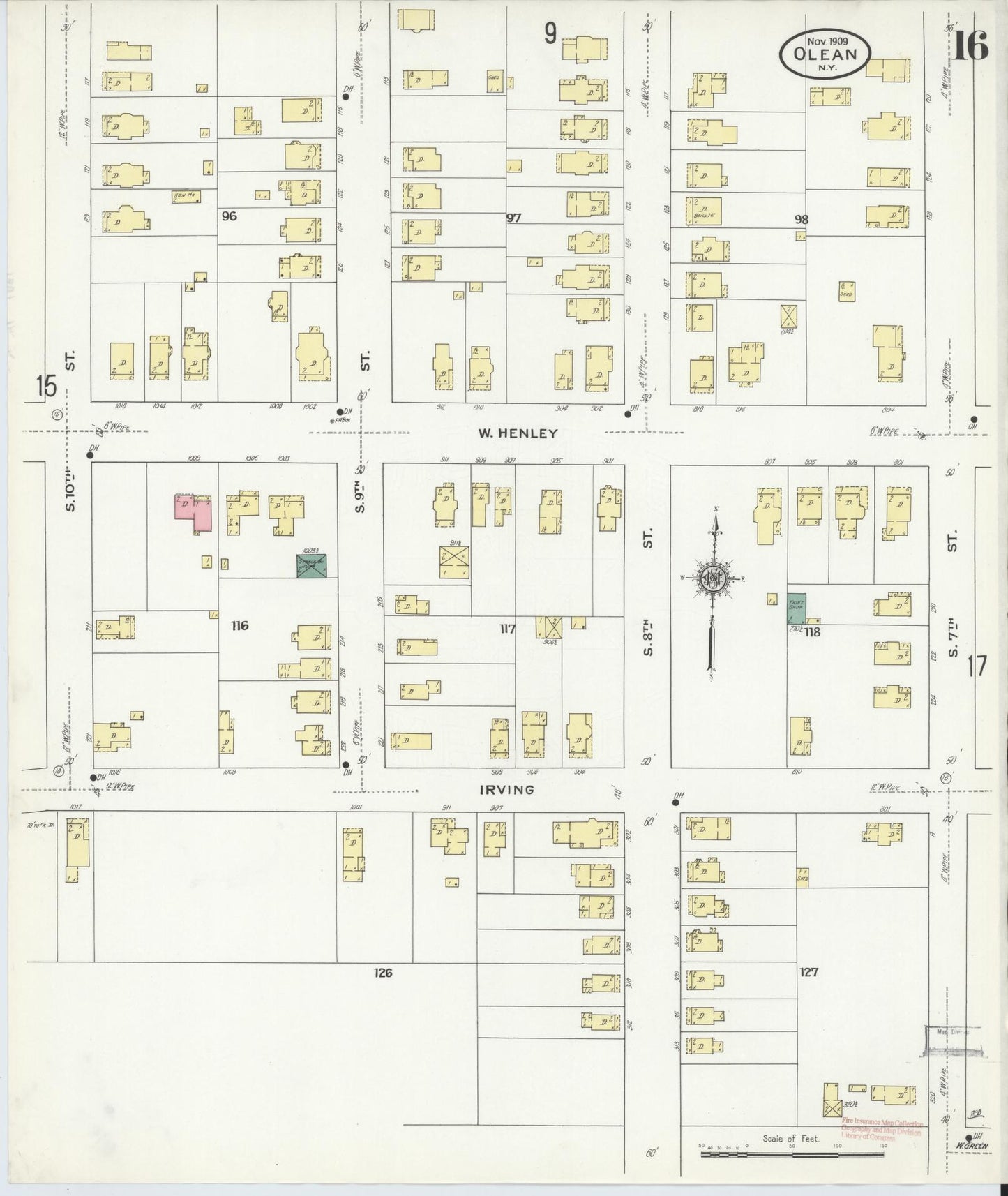 Sanborn Fire Insurance Map from Olean, Cattaraugus County, New York (1909), Sheet #0016 - Complete Map Set gallery image, historic Sanborn map, vintage wall art, New York New York