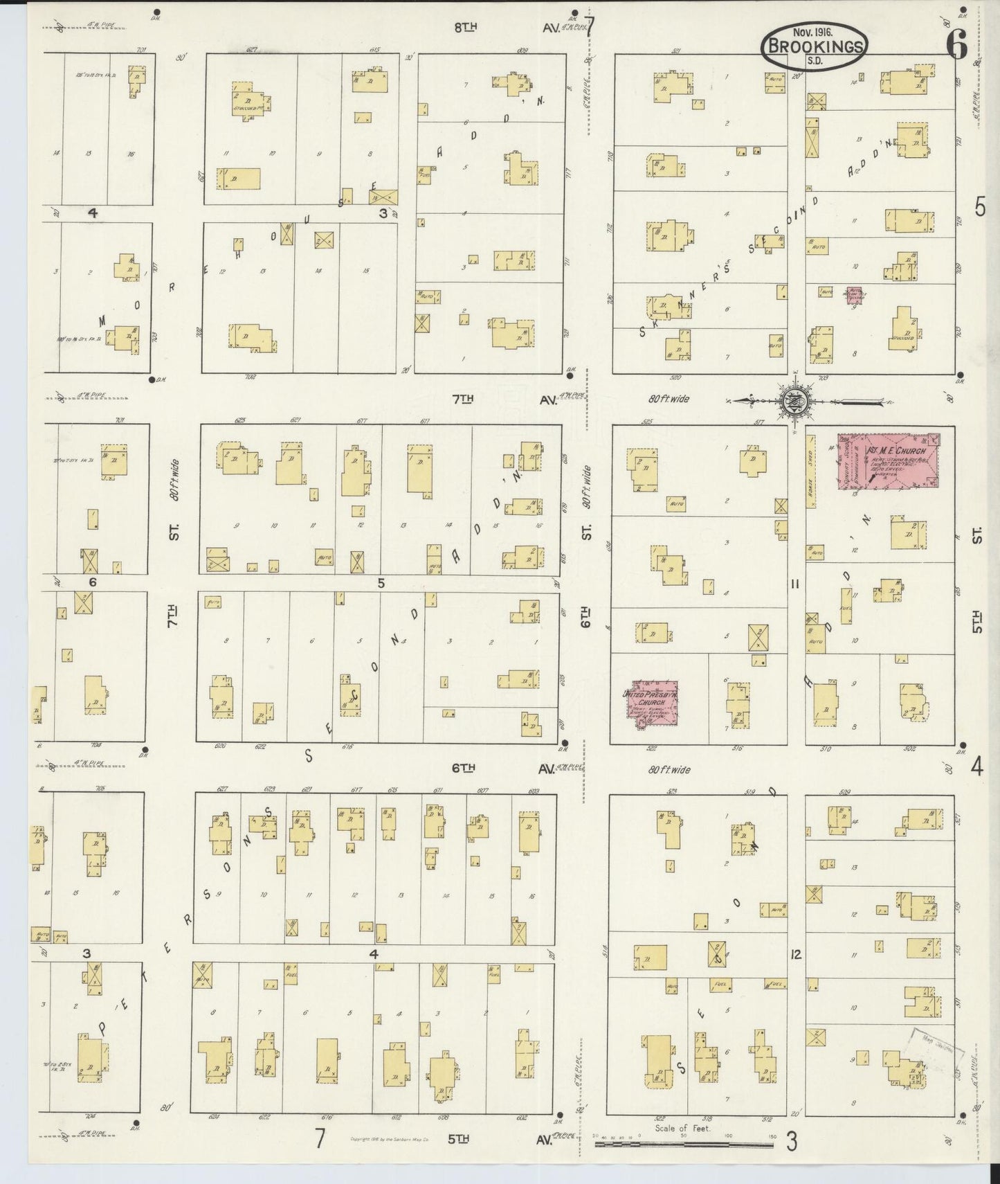 Sanborn Fire Insurance Map from Brookings, Brookings County, South Dakota (1916), Sheet #0006 - Historic Sanborn Fire Insurance Map Print, vintage old map wall art, antique decor, genealogy gift, South Dakota South Dakota map