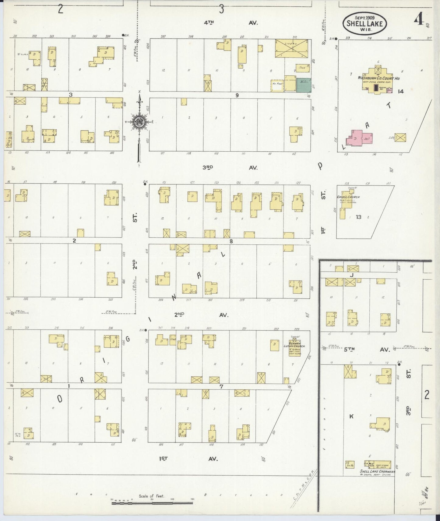 Sanborn Fire Insurance Map from Shell Lake, Washburn County, Wisconsin (1909), Sheet #0004 - Historic Sanborn Fire Insurance Map Print, vintage old map wall art, antique decor, genealogy gift, Wisconsin Wisconsin map