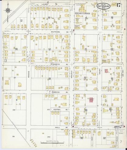Sanborn Fire Insurance Map from Hattiesburg, Forrest County, Mississippi (1915), Sheet #0017 - Complete Map Set gallery image, historic Sanborn map, vintage wall art, Mississippi Mississippi