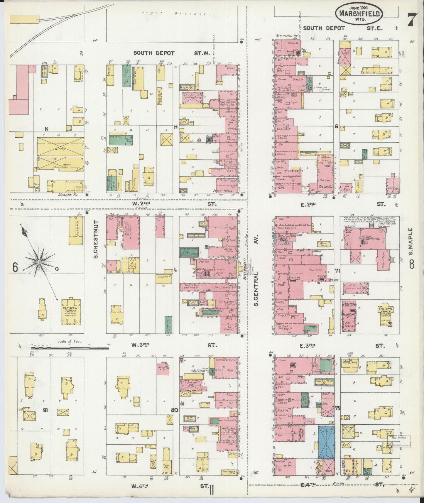 Sanborn Fire Insurance Map from Marshfield, Wood County, Wisconsin (1904), Sheet #0007 - Complete Map Set gallery image, historic Sanborn map, vintage wall art, Wisconsin Wisconsin