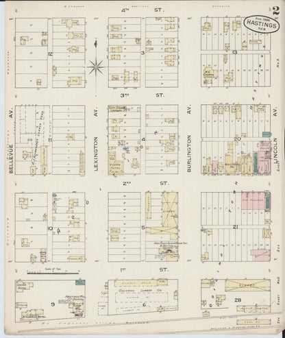 Sanborn Fire Insurance Map from Hastings, Adams County, Nebraska (1886), Sheet #0002 - Complete Map Set gallery image, historic Sanborn map, vintage wall art, Nebraska Nebraska