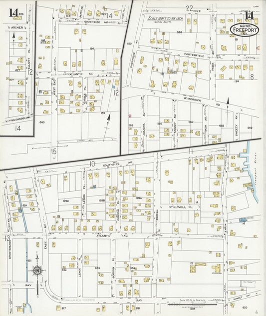 Sanborn Fire Insurance Map from Freeport, Nassau County, New York (1925), Sheet #0014 - Historic Sanborn Fire Insurance Map Print, vintage old map wall art, antique decor, genealogy gift, New York New York map