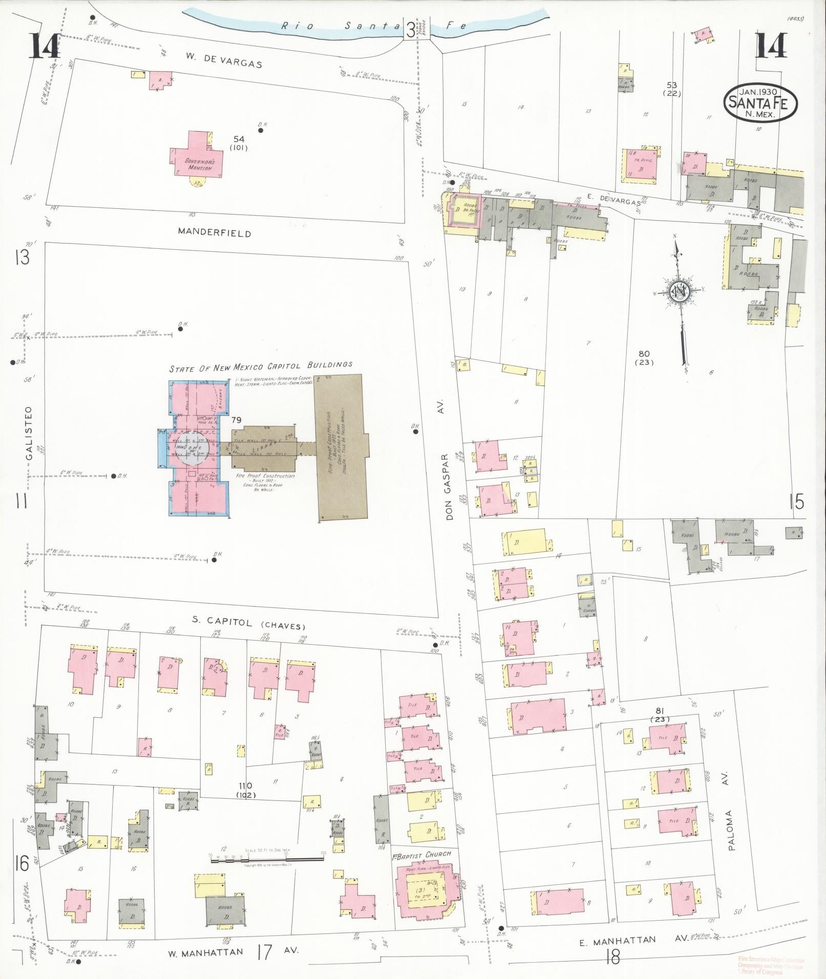 Sanborn Fire Insurance Map from Santa Fe, Santa Fe County, New Mexico (1930), Sheet #0014 - Complete Map Set gallery image, historic Sanborn map, vintage wall art, New Mexico New Mexico