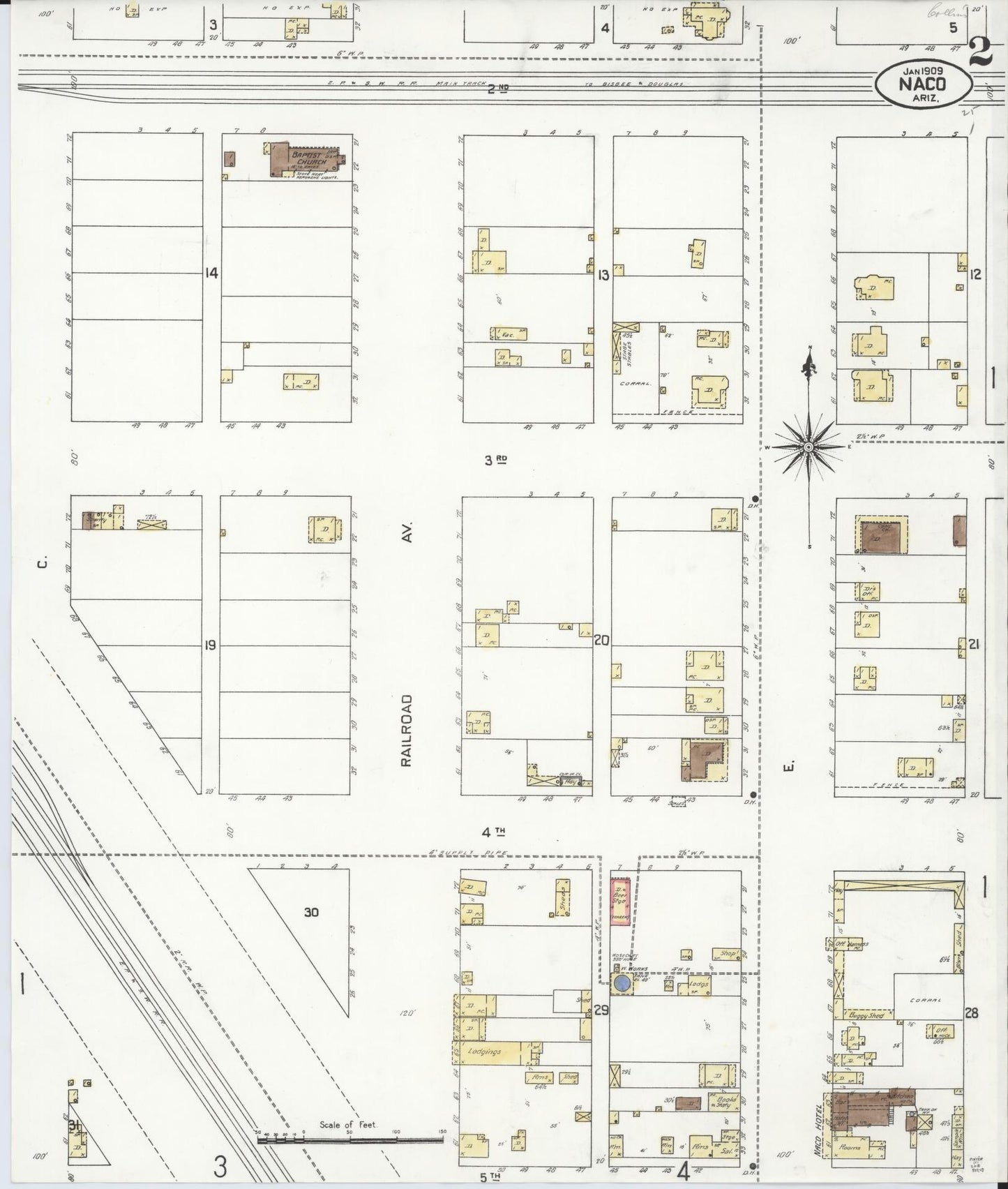 Sanborn Fire Insurance Map from Naco, Cochise County, Arizona (1909), Sheet #0002 - Historic Sanborn Fire Insurance Map Print, vintage old map wall art, antique decor, genealogy gift, Arizona Arizona map