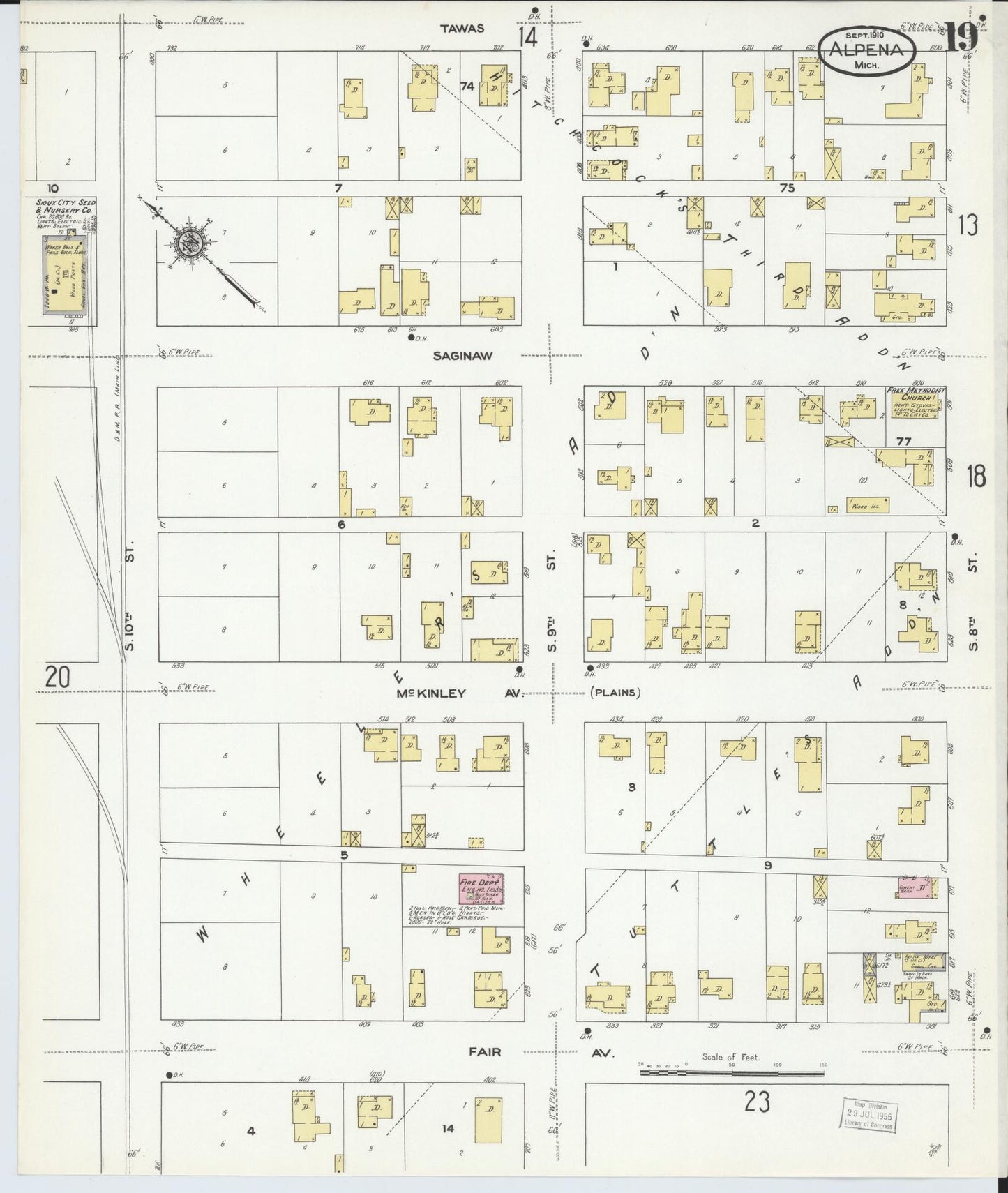 Sanborn Fire Insurance Map from Alpena, Alpena County, Michigan (1910), Sheet #0019 - Historic Sanborn Fire Insurance Map Print, vintage old map wall art, antique decor, genealogy gift, Michigan Michigan map
