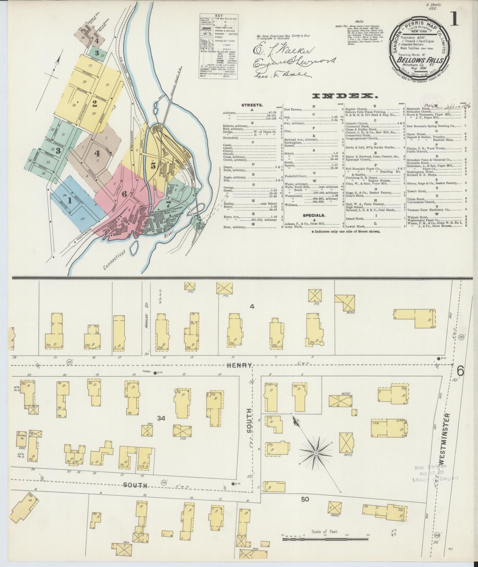 Sanborn Fire Insurance Map from Bellows Falls, Windham County, Vermont (1896), Sheet #0001 - Complete Map Set gallery image, historic Sanborn map, vintage wall art, Vermont Vermont