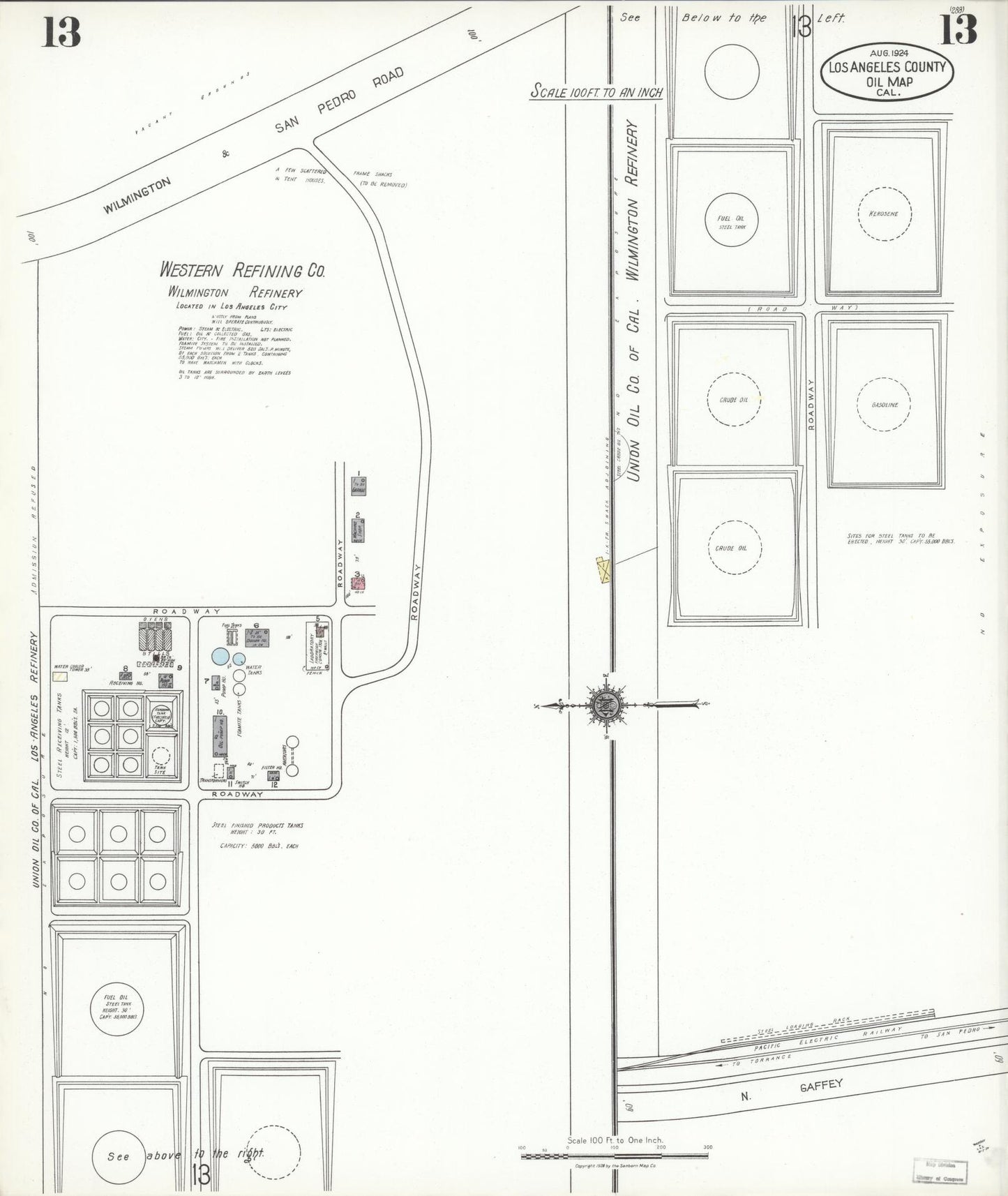 Sanborn Fire Insurance Map from Los Angeles Co., Los Angeles County, California (1924), Sheet #0013 - Historic Sanborn Fire Insurance Map Print, vintage old map wall art, antique decor, genealogy gift, California California map