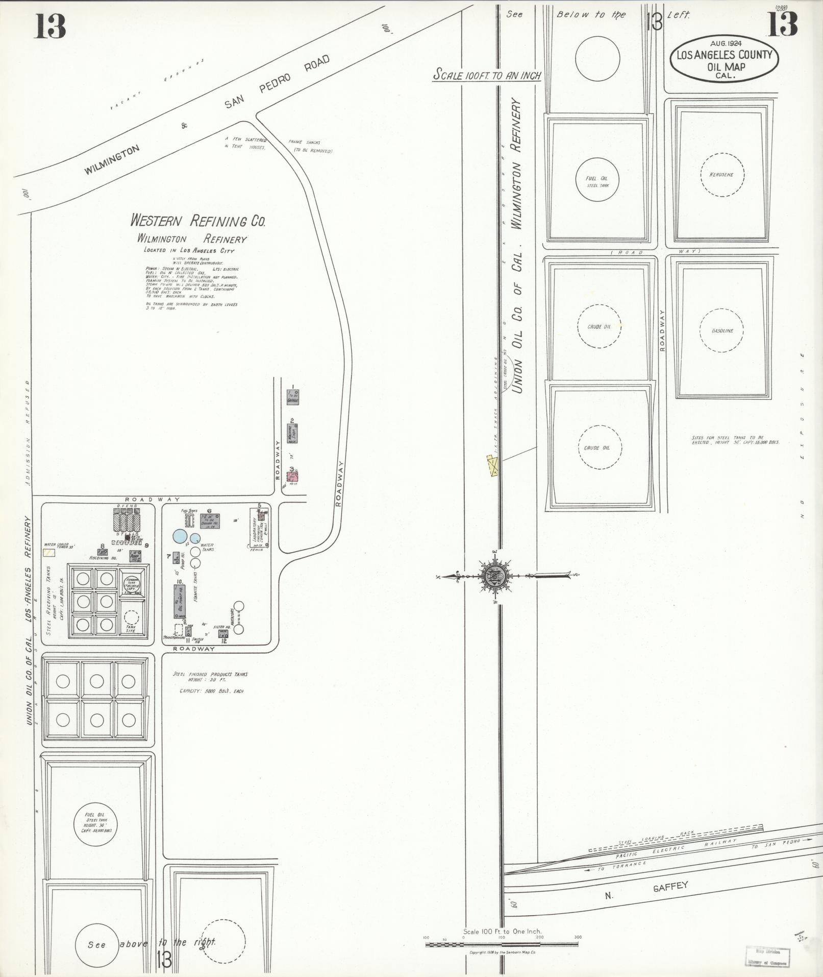 Sanborn Fire Insurance Map from Los Angeles Co., Los Angeles County, California (1924), Sheet #0013 - Historic Sanborn Fire Insurance Map Print, vintage old map wall art, antique decor, genealogy gift, California California map