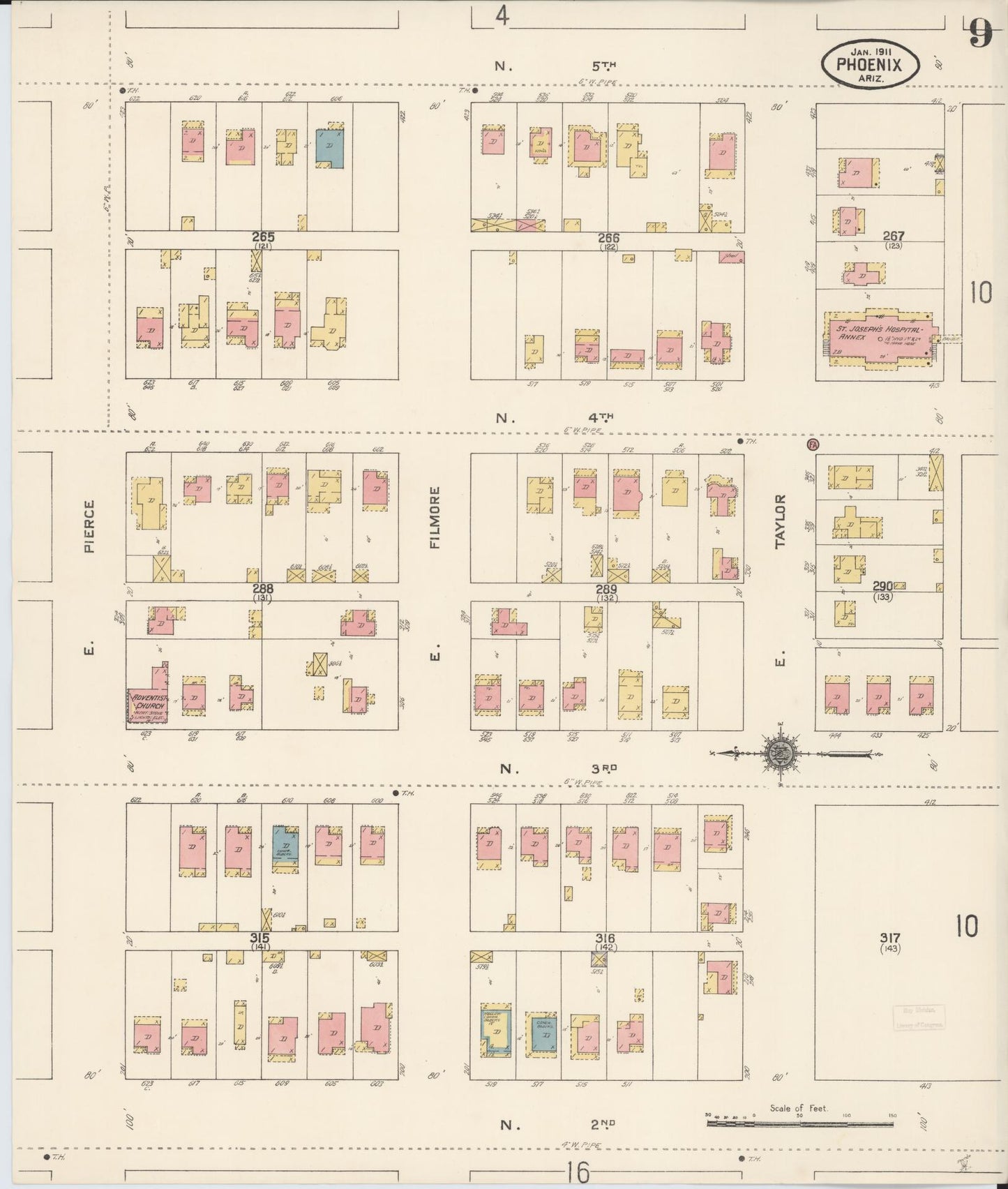 Sanborn Fire Insurance Map from Phoenix, Maricopa County, Arizona (1911), Sheet #0009 - Historic Sanborn Fire Insurance Map Print, vintage old map wall art, antique decor, genealogy gift, Arizona Arizona map