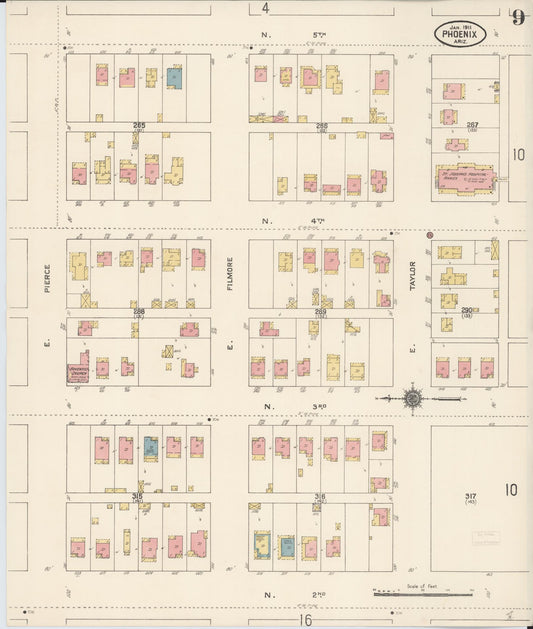 Sanborn Fire Insurance Map from Phoenix, Maricopa County, Arizona (1911), Sheet #0009 - Historic Sanborn Fire Insurance Map Print, vintage old map wall art, antique decor, genealogy gift, Arizona Arizona map