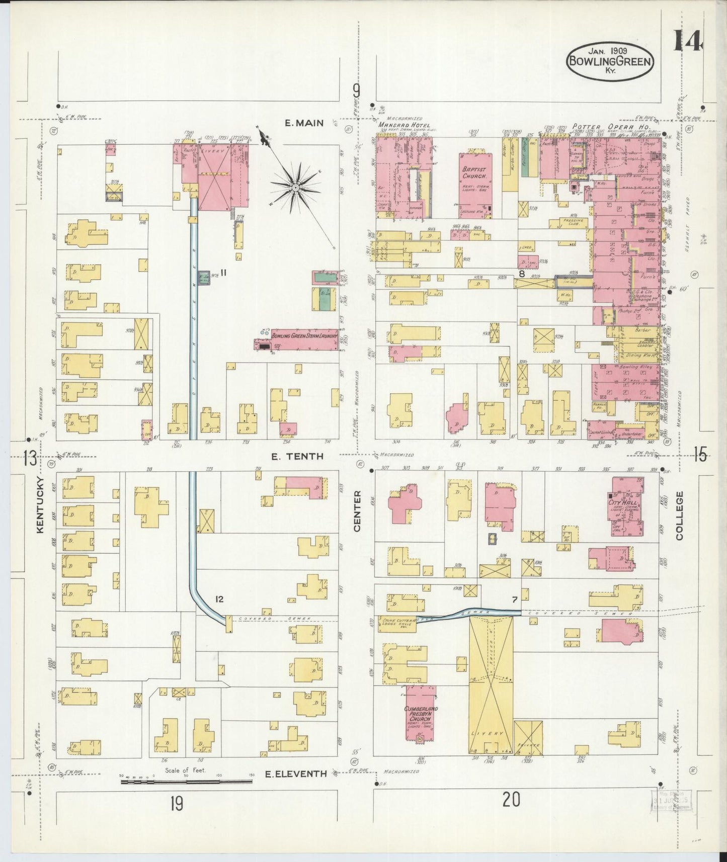 Sanborn Fire Insurance Map from Bowling Green, Warren County, Kentucky (1909), Sheet #0014 - Historic Sanborn Fire Insurance Map Print, vintage old map wall art, antique decor, genealogy gift, Kentucky Kentucky map