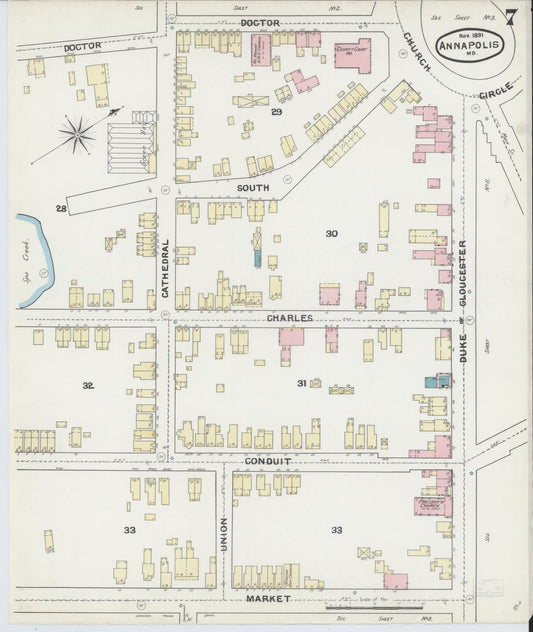 Anne Arundel, Maryland - 1891 - Sanborn Fire Insurance Map, Sheet #0007 - Historic Sanborn Fire Insurance Map Print, Anne Arundel Maryland 1891 0007 vintage old map wall art