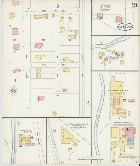 Sanborn Fire Insurance Map from New Brighton, Beaver County, Pennsylvania (1896), Sheet #0013 - Historic Sanborn Fire Insurance Map Print, vintage old map wall art, antique decor, genealogy gift, Pennsylvania Pennsylvania map