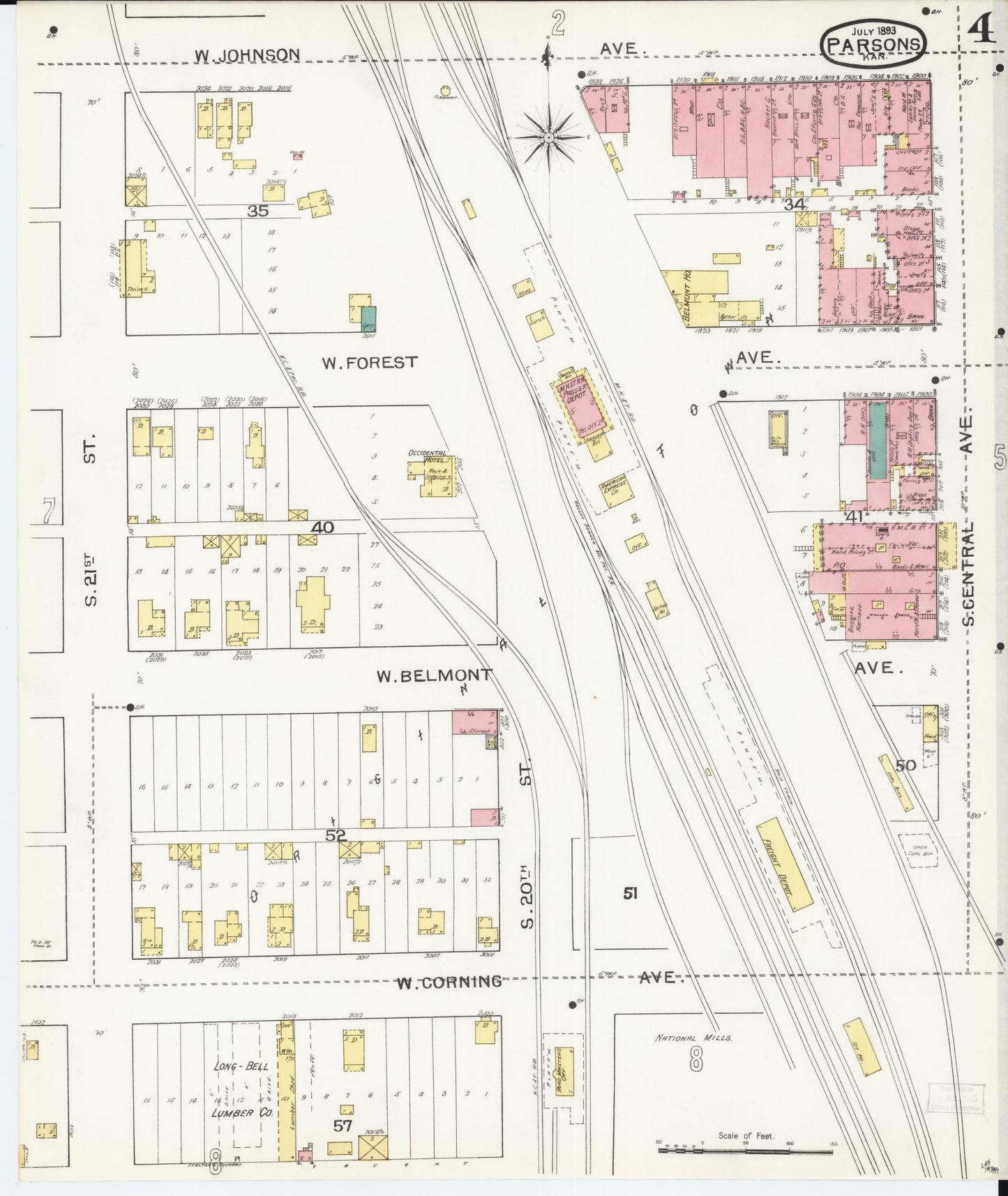 Sanborn Fire Insurance Map from Parsons, Labette County, Kansas (1893), Sheet #0004 - Historic Sanborn Fire Insurance Map Print, vintage old map wall art, antique decor, genealogy gift, Kansas Kansas map