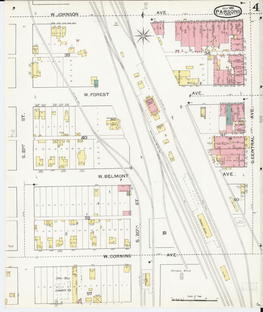Sanborn Fire Insurance Map from Parsons, Labette County, Kansas (1893), Sheet #0004 - Historic Sanborn Fire Insurance Map Print, vintage old map wall art, antique decor, genealogy gift, Kansas Kansas map