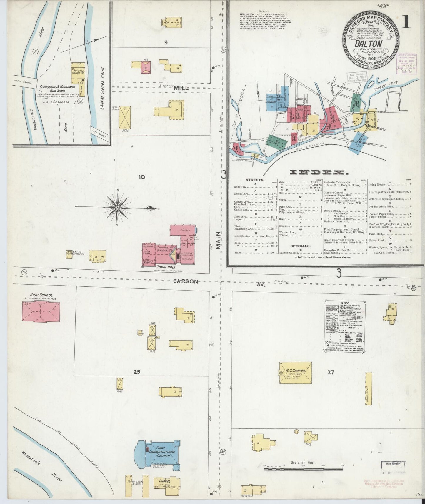 Sanborn Fire Insurance Map from Dalton, Berkshire County, Massachusetts (1905), Sheet #0001 - Historic Sanborn Fire Insurance Map Print, vintage old map wall art, antique decor, genealogy gift, Massachusetts Massachusetts map
