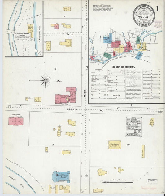 Sanborn Fire Insurance Map from Dalton, Berkshire County, Massachusetts (1905), Sheet #0001 - Historic Sanborn Fire Insurance Map Print, vintage old map wall art, antique decor, genealogy gift, Massachusetts Massachusetts map