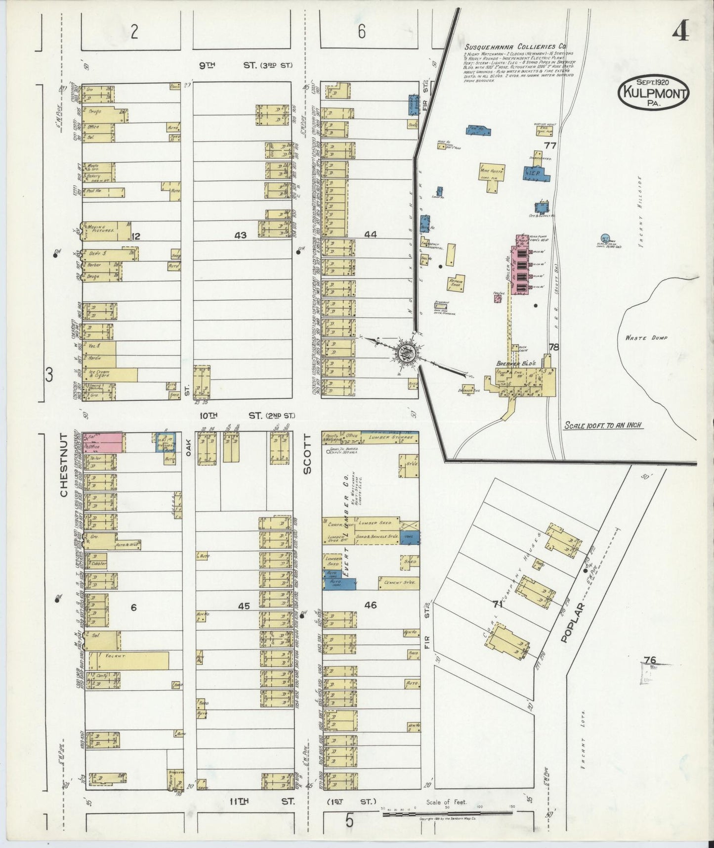 Sanborn Fire Insurance Map from Kulpmont, Northumberland County, Pennsylvania (1920), Sheet #0004 - Historic Sanborn Fire Insurance Map Print, vintage old map wall art, antique decor, genealogy gift, Pennsylvania Pennsylvania map