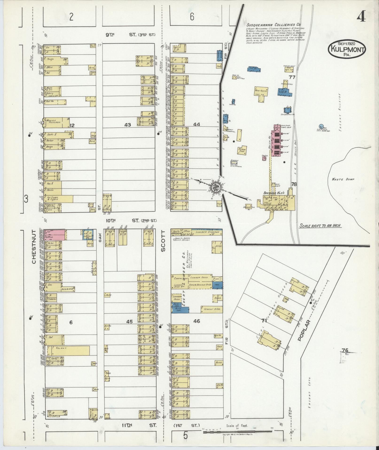 Sanborn Fire Insurance Map from Kulpmont, Northumberland County, Pennsylvania (1920), Sheet #0004 - Historic Sanborn Fire Insurance Map Print, vintage old map wall art, antique decor, genealogy gift, Pennsylvania Pennsylvania map