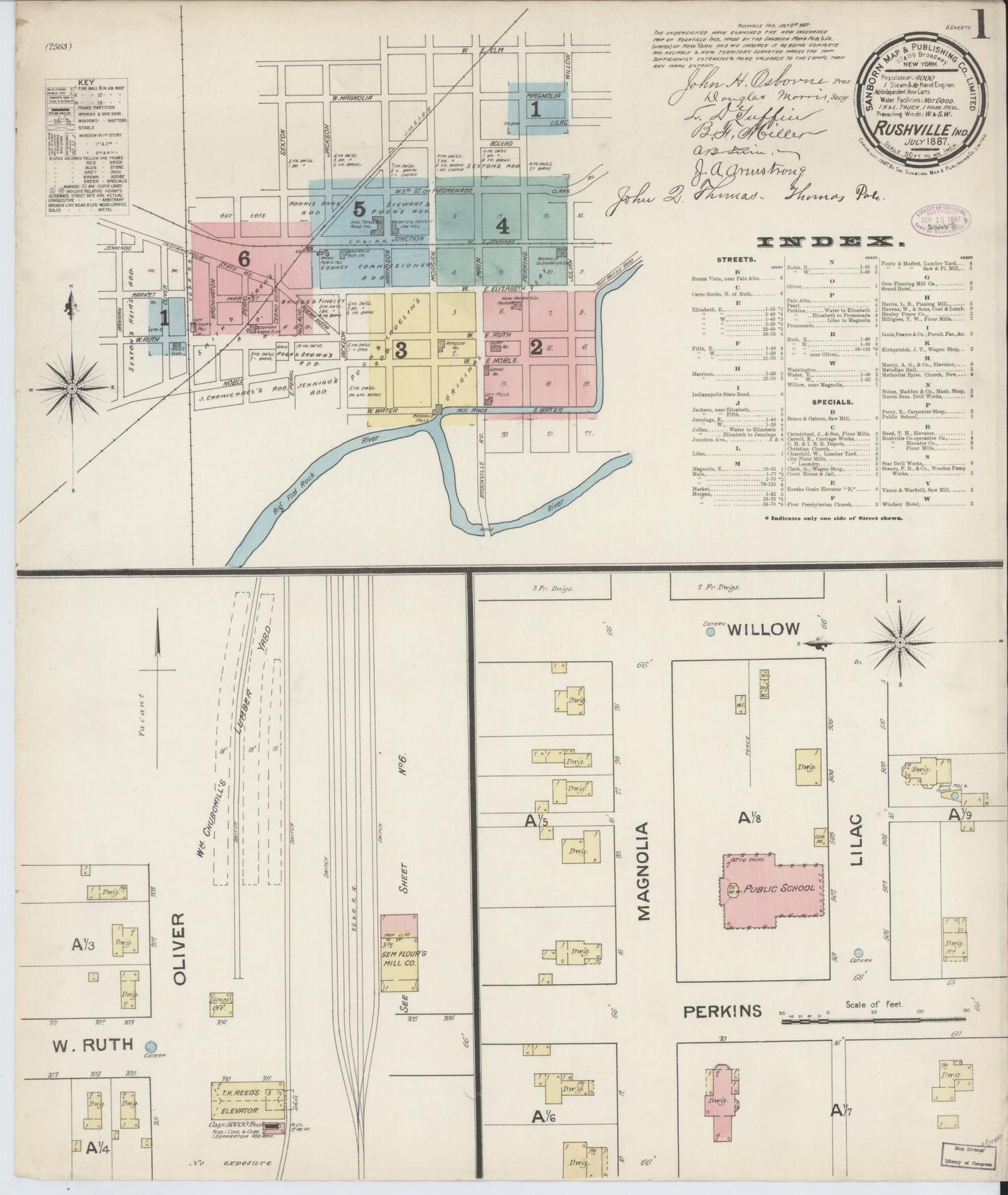 Sanborn Fire Insurance Map from Rushville, Rush County, Indiana (1887), Sheet #0001 - Historic Sanborn Fire Insurance Map Print, vintage old map wall art, antique decor, genealogy gift, Indiana Indiana map
