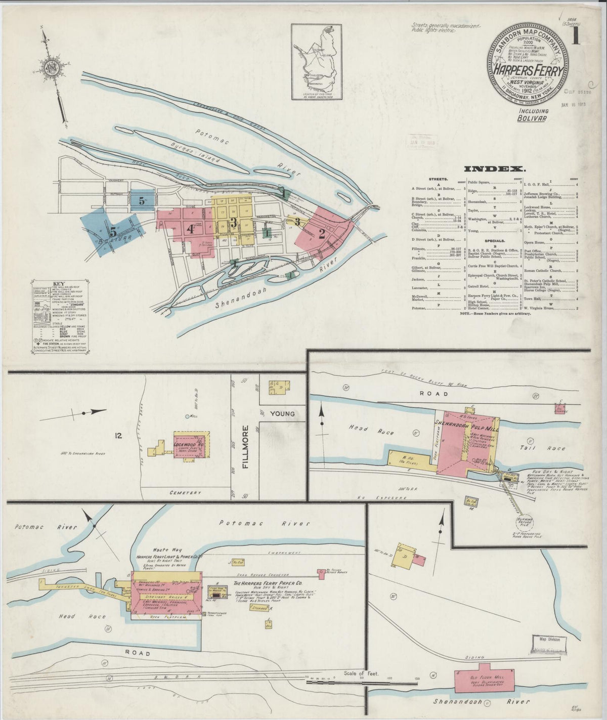 Sanborn Fire Insurance Map from Harpers Ferry, Jefferson County, West Virginia (1912), Sheet #0001 - Complete Map Set gallery image, historic Sanborn map, vintage wall art, West Virginia West Virginia