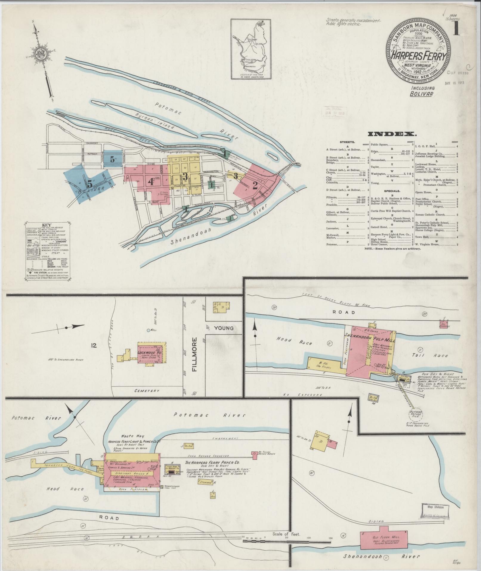 Sanborn Fire Insurance Map from Harpers Ferry, Jefferson County, West Virginia (1912), Sheet #0001 - Complete Map Set gallery image, historic Sanborn map, vintage wall art, West Virginia West Virginia