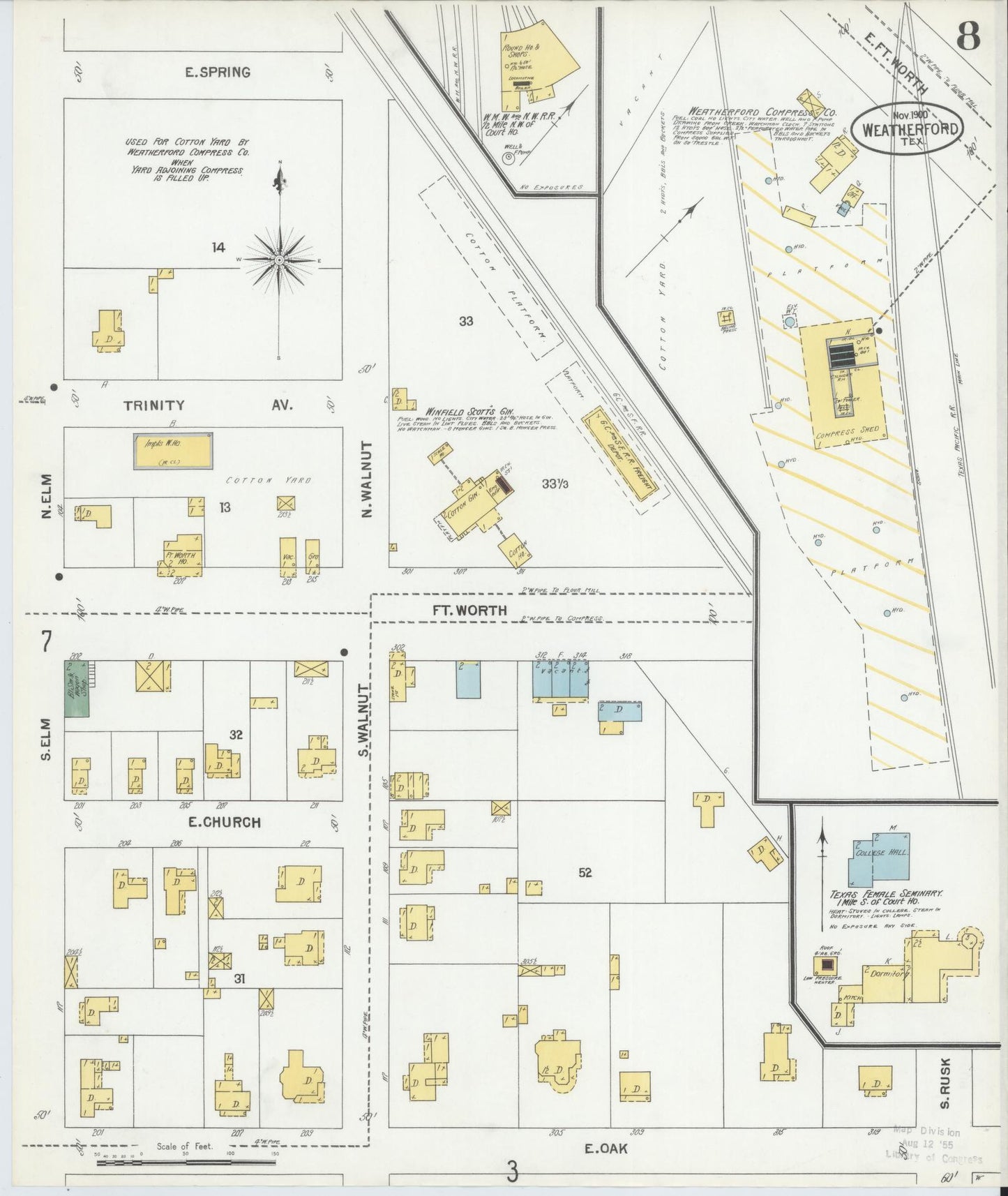 Sanborn Fire Insurance Map from Weatherford, Parker County, Texas (1900), Sheet #0008 - Historic Sanborn Fire Insurance Map Print, vintage old map wall art, antique decor, genealogy gift, Texas Texas map