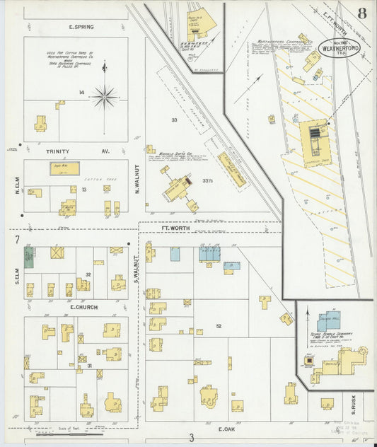 Sanborn Fire Insurance Map from Weatherford, Parker County, Texas (1900), Sheet #0008 - Historic Sanborn Fire Insurance Map Print, vintage old map wall art, antique decor, genealogy gift, Texas Texas map
