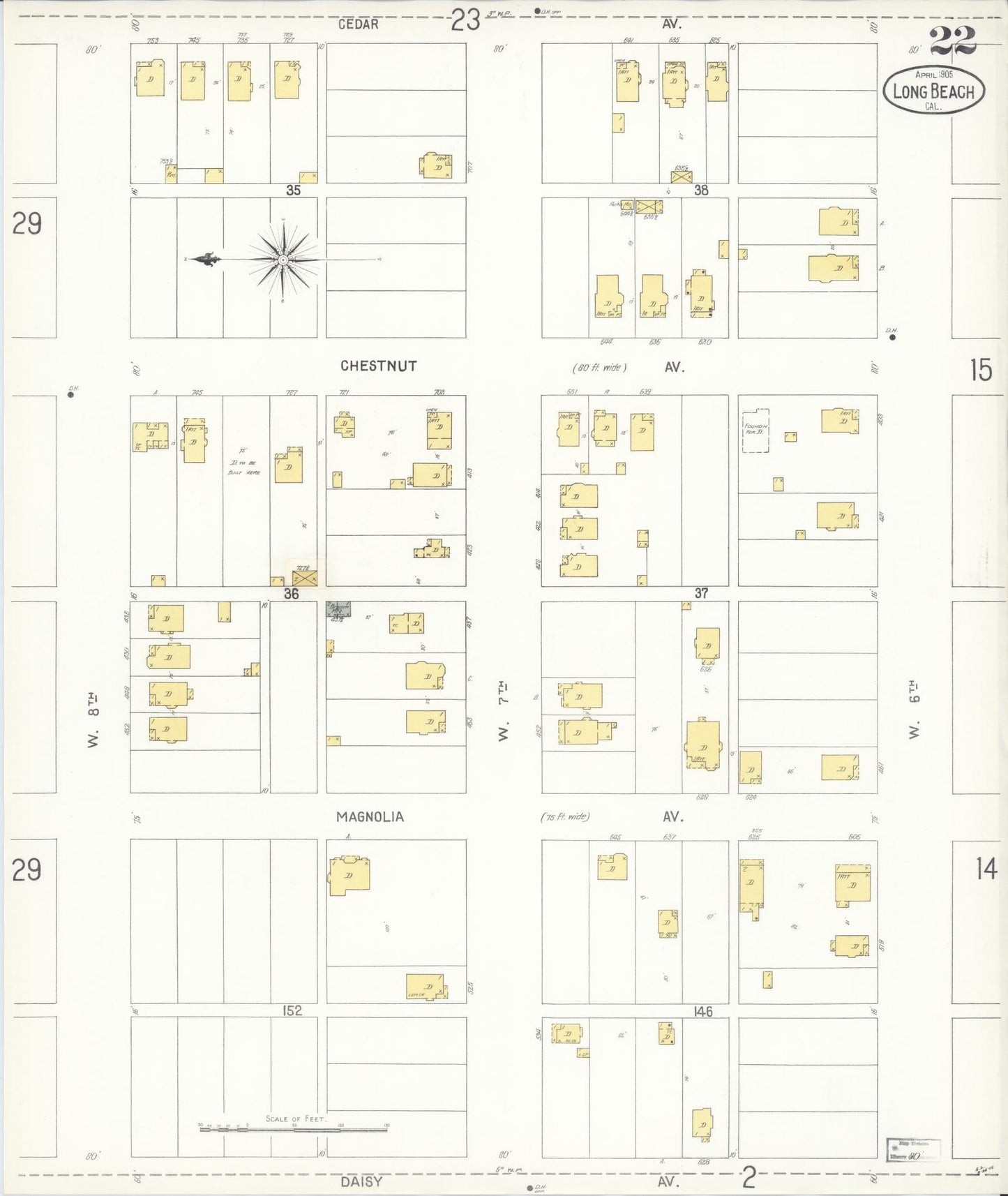 Sanborn Fire Insurance Map from Long Beach, Los Angeles County, California (1905), Sheet #0022 - Historic Sanborn Fire Insurance Map Print, vintage old map wall art, antique decor, genealogy gift, California California map