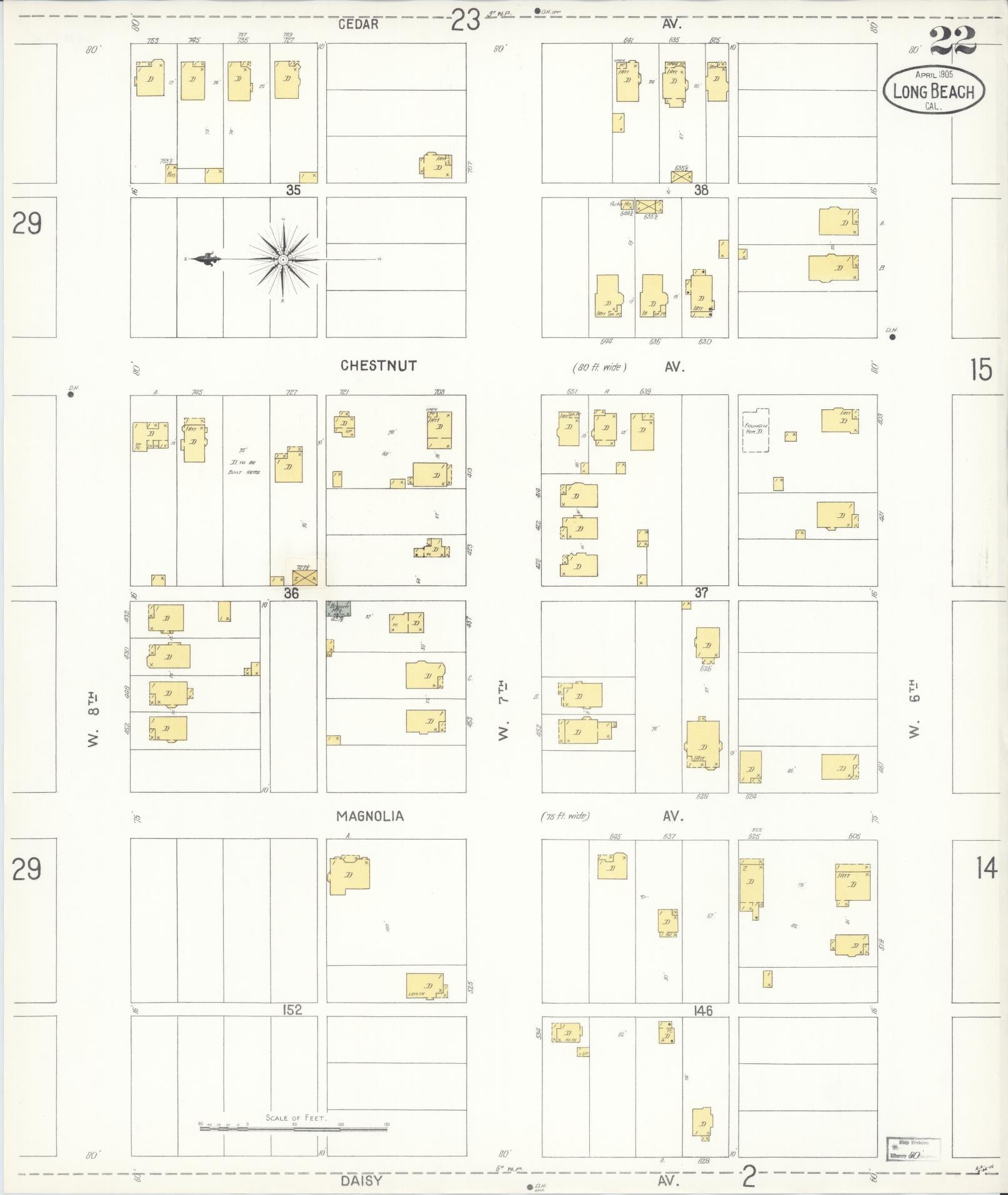 Sanborn Fire Insurance Map from Long Beach, Los Angeles County, California (1905), Sheet #0022 - Historic Sanborn Fire Insurance Map Print, vintage old map wall art, antique decor, genealogy gift, California California map