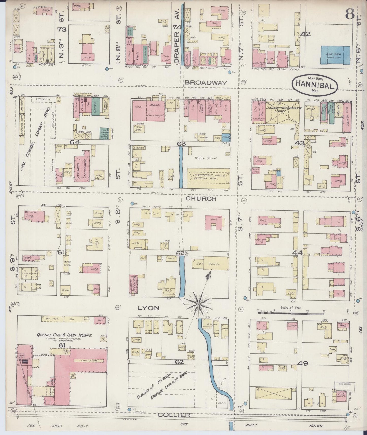 Sanborn Fire Insurance Map from Hannibal, Marion County, Missouri (1885), Sheet #0008 - Complete Map Set gallery image, historic Sanborn map, vintage wall art, Missouri Missouri