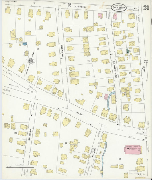 Sanborn Fire Insurance Map from Danbury, Fairfield County, Connecticut (1909), Sheet #0021 - Historic Sanborn Fire Insurance Map Print, vintage old map wall art, antique decor, genealogy gift, Connecticut Connecticut map