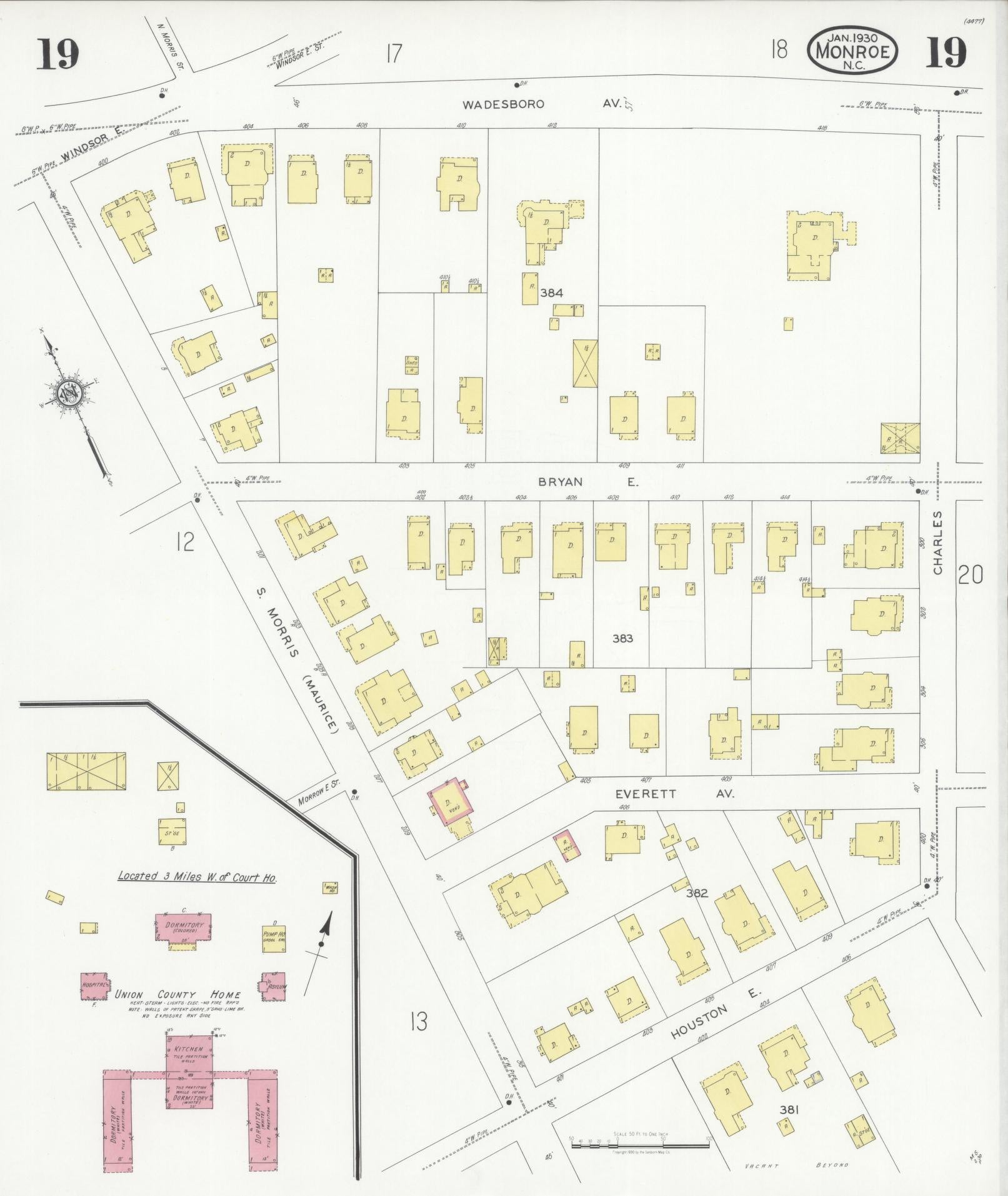 Sanborn Fire Insurance Map from Monroe, Union County, North Carolina (1930), Sheet #0019 - Complete Map Set gallery image, historic Sanborn map, vintage wall art, North Carolina North Carolina