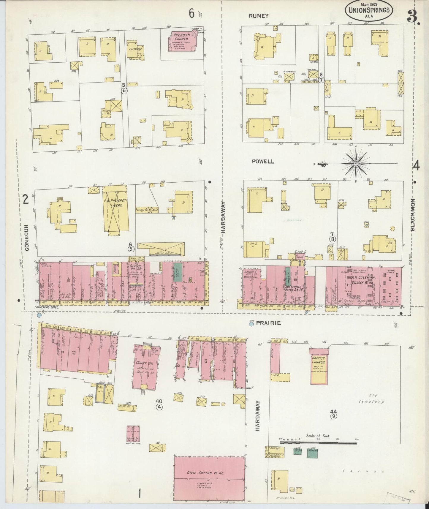 Sanborn Fire Insurance Map from Union Springs, Bullock County, Alabama (1903), Sheet #0003 - Complete Map Set gallery image, historic Sanborn map, vintage wall art, Alabama Alabama