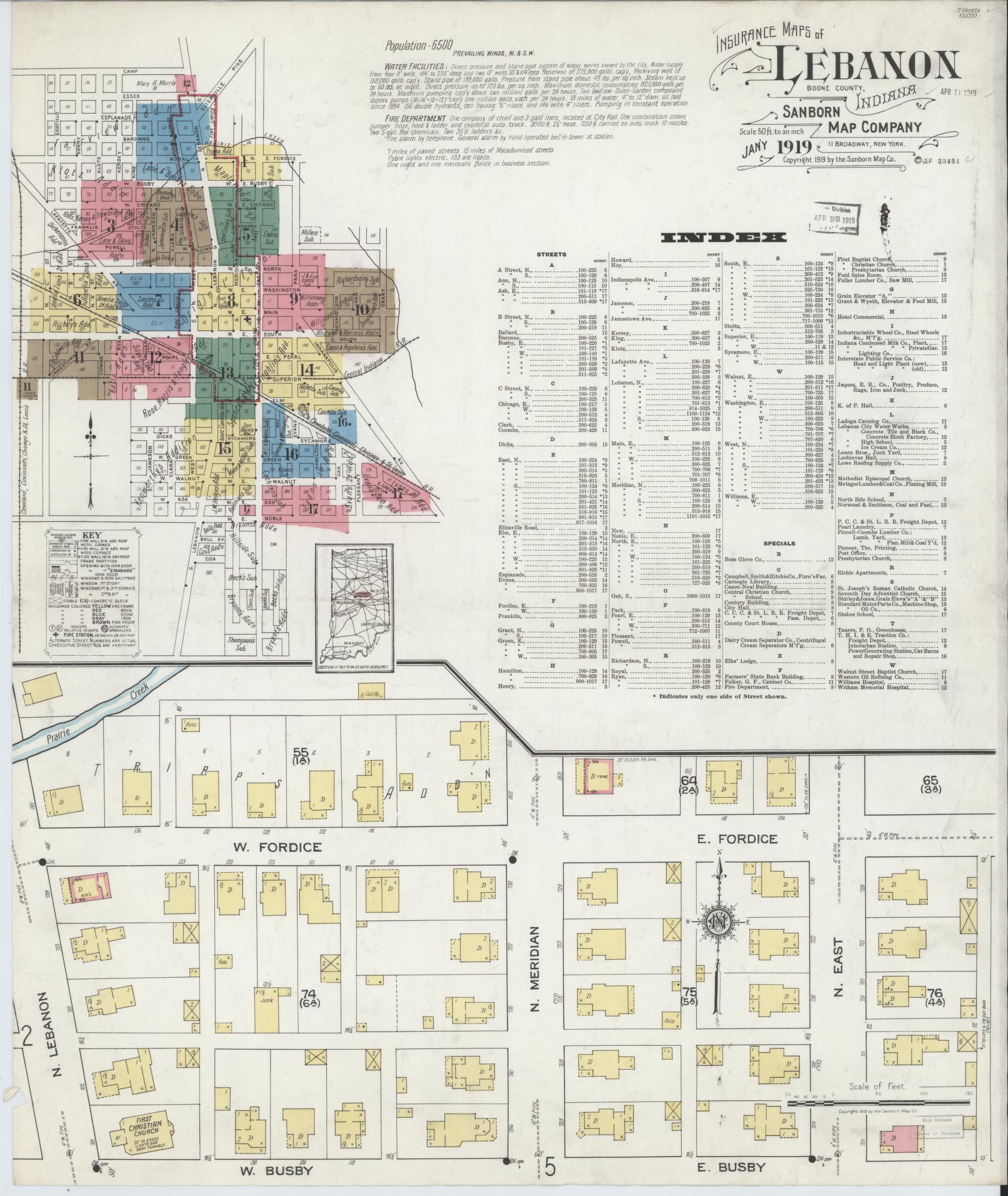 Sanborn Fire Insurance Map from Lebanon, Boone County, Indiana (1919), Sheet #0001 - Historic Sanborn Fire Insurance Map Print, vintage old map wall art, antique decor, genealogy gift, Indiana Indiana map