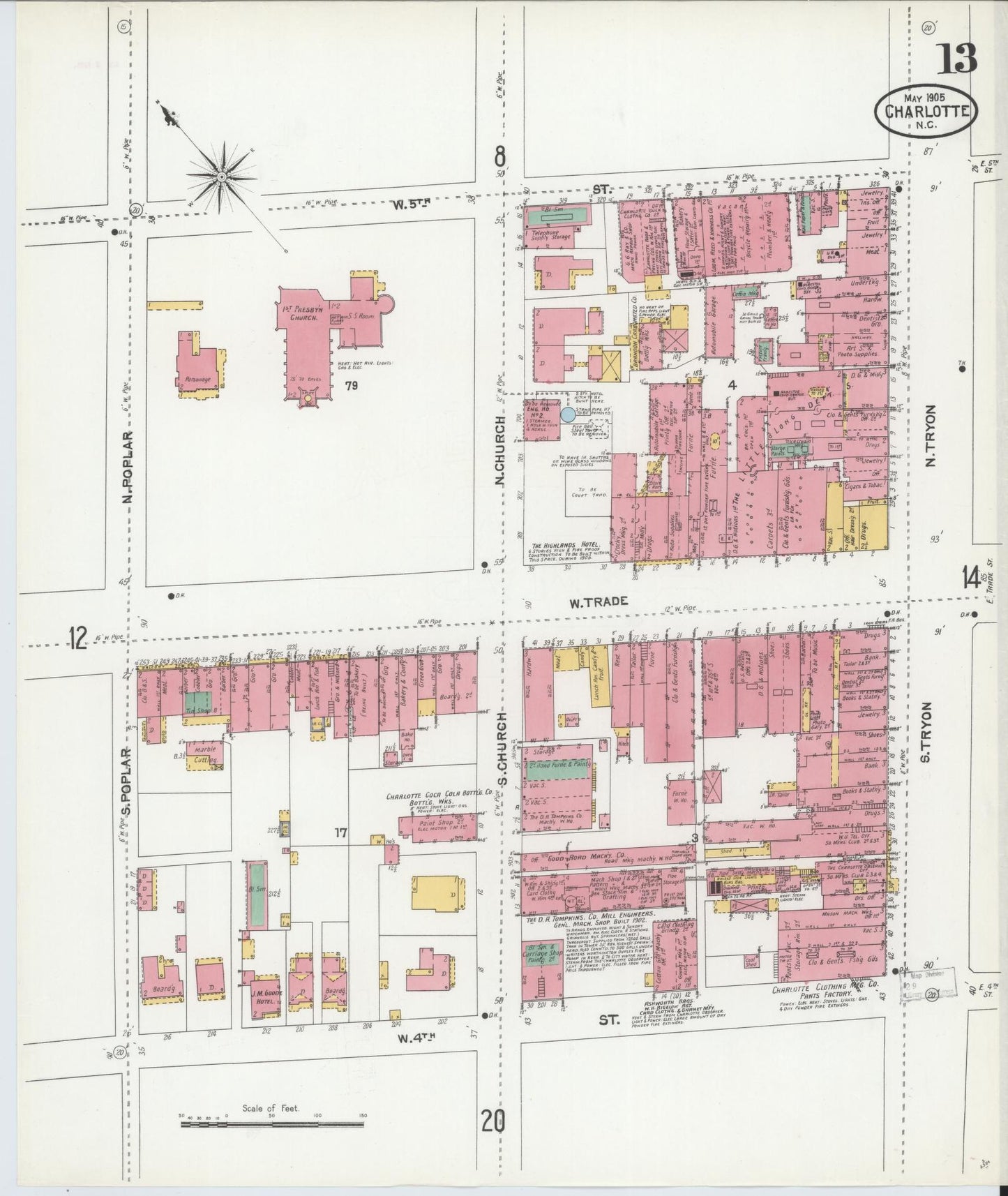 Sanborn Fire Insurance Map from Charlotte, Mecklenburg County, North Carolina (1905), Sheet #0013 - Historic Sanborn Fire Insurance Map Print, vintage old map wall art, antique decor, genealogy gift, North Carolina North Carolina map